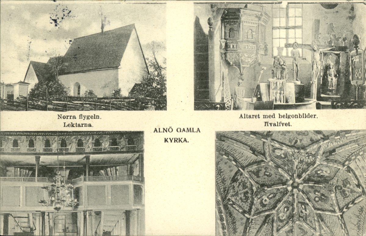 Vykort med motiv av norra flygeln, altaret, läktarna och valvet i Alnö gamla kyrka.