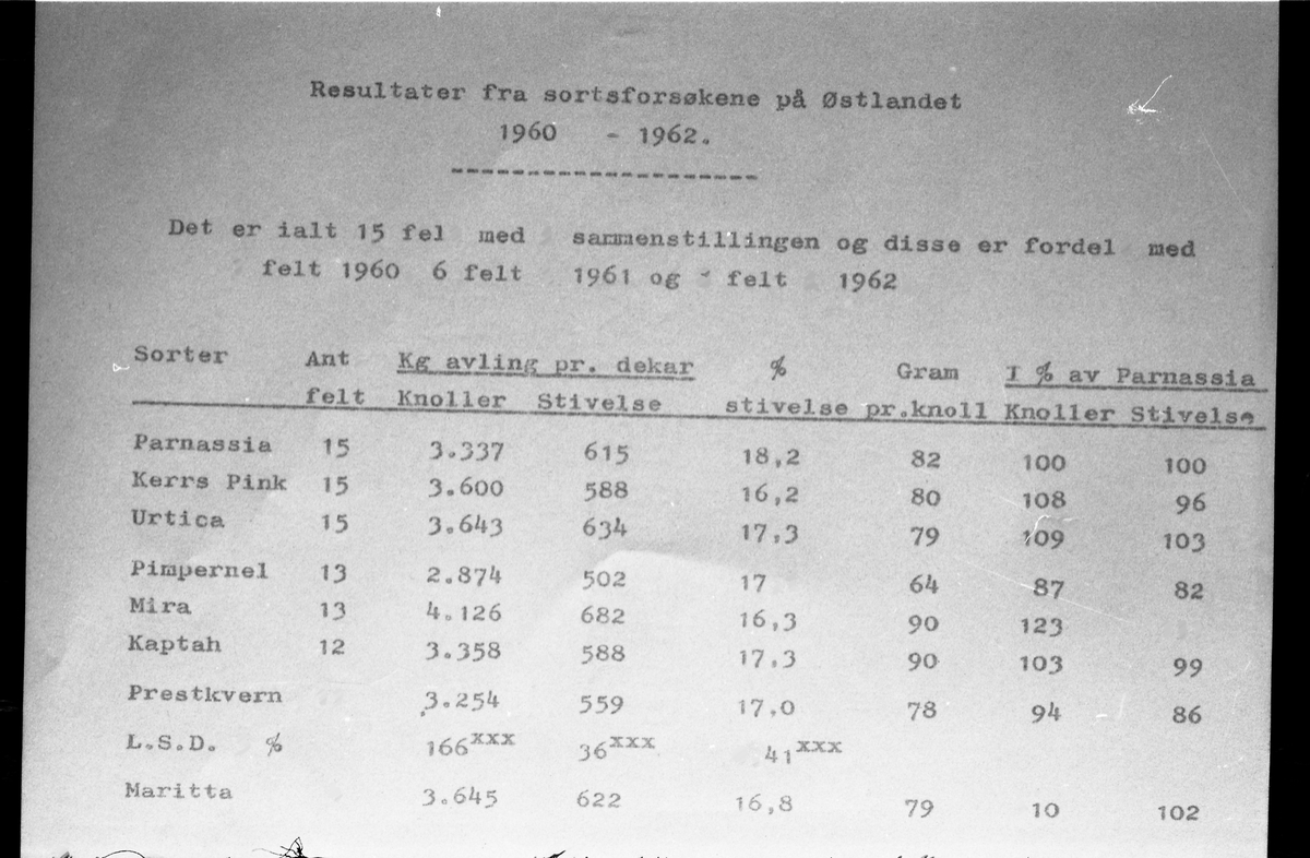 Avfotografert tabell fra forsølksvirksomhet for poteter. Tabellen er merket "Resultater fra sortsforsøkene på Østlandet 1960-1962". Tre identiske bilder.