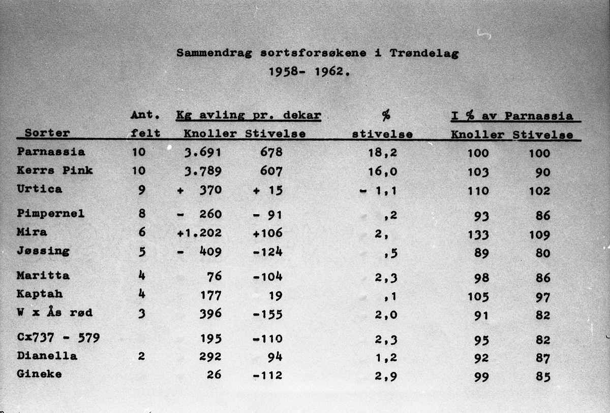 Avfotografert tabell som viser "Sammendrag sortsforsøkene i Trøndelag 1958-1962". Gjelder poteter.