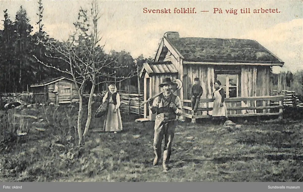 Vykort med motiv över en lantgård samt fyra personer med texten- på väg till arbetet.
