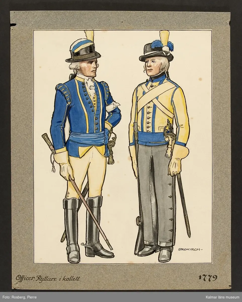 Motiv med officer och ryttare i kollett som visar utrustning, uniform och tillbehör vid Smålands husarregemente 1779.