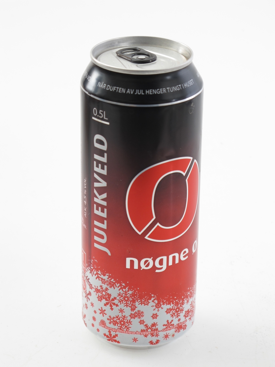 Rund boks av aluminium. Rød farge, Nøgne ø s "julekveld", produsert før jul 2015.