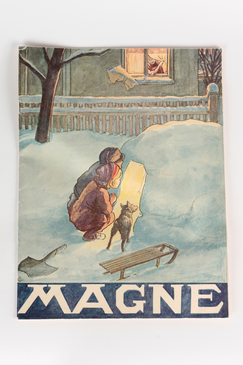 To barn og en hund som kikker inn i en snøhule