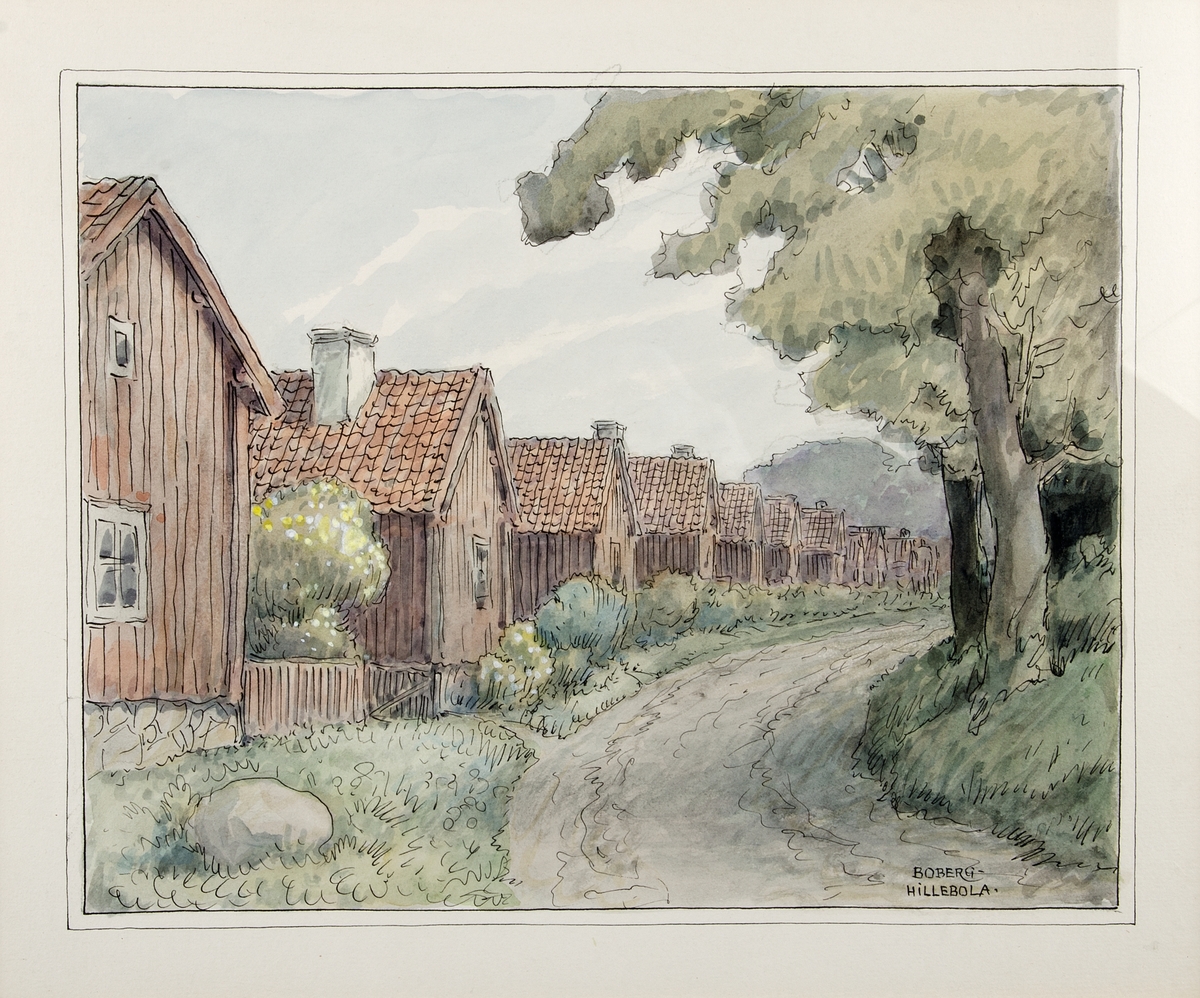Akvarellen föreställer bruksgatan i Hillebola bruk, Österlövsta socken, Uppland