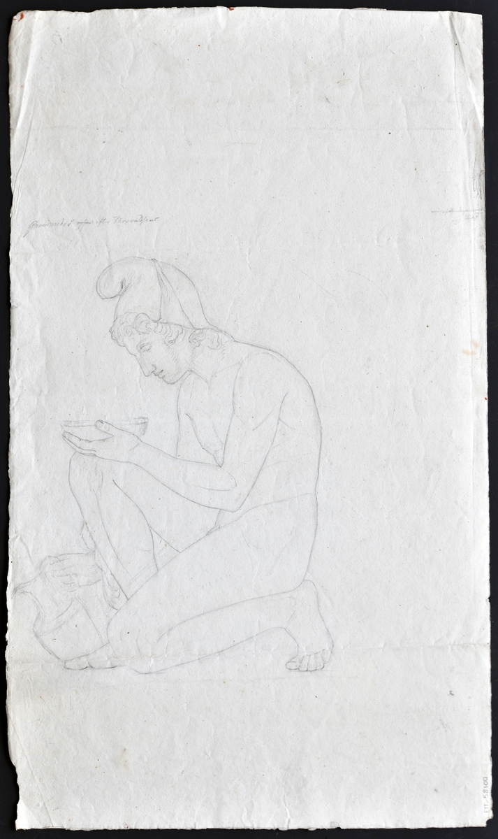 Et ark med blyanttegning på begge sider. På begge sider er det Ganymedes som er tegnet (Ganymedes var i henhold til gresk mytologi en guddommelig helt fra Troja og ble beskrevet som den skjønneste av de dødelige). På den ene siden står Ganymedes og heller fra en vinkanne i en kalk/gral. Han er naken bortsett fra en frygisk lue på hodet. På den andre siden sitter Ganymedes på et kne. I den ene hånden holder han en skål, mens han i den andre hånden holder en vinkanne. Han er naken bortsett fra en frygisk lue på hodet. Ved begge tegningene står det "Ganinedes efter Thorvaldsens". Bertel Thorvaldsen (1770 - 1844) var en dansk kunstner og blant Danmarks og Nordens fremste billedhoggere. Han arbeidet i den nyklassisstiske stilen som hadde antikken som forbilde.