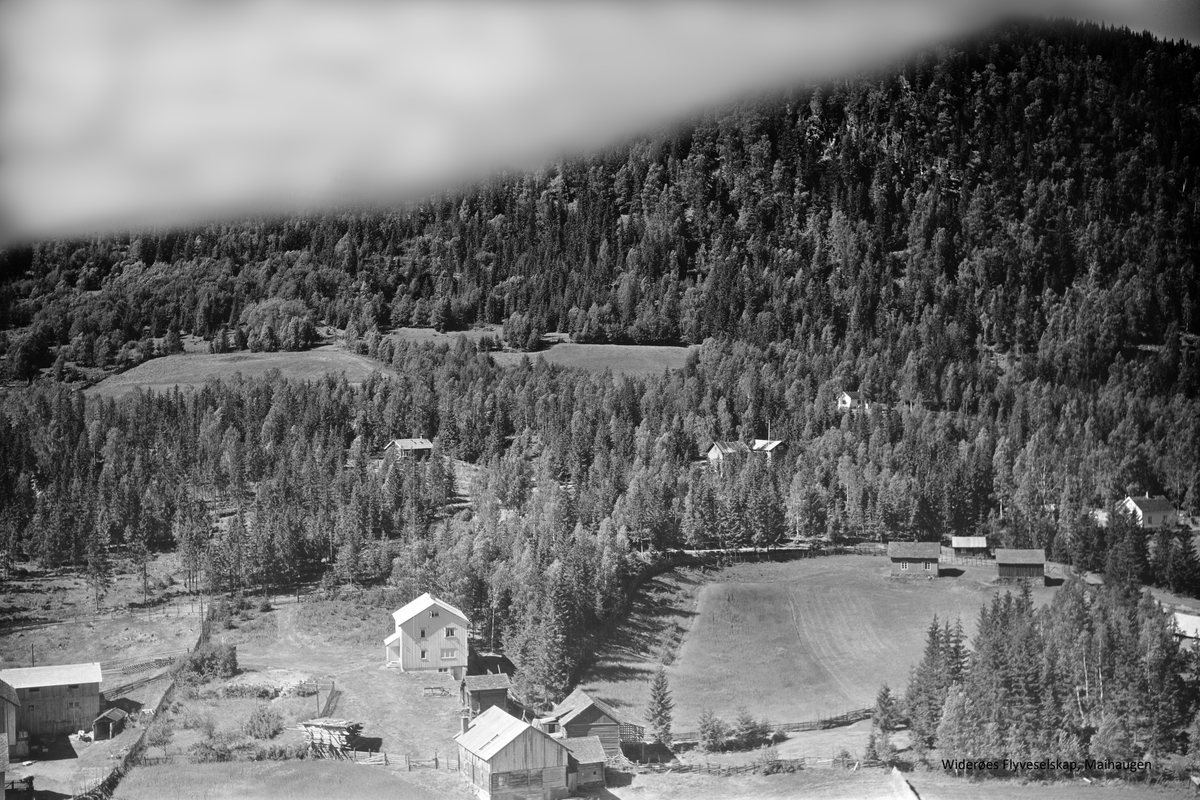 Nymoen nørdre, Vestsida, Øyer, 16.07.1959, oversiktsbilde viser flere bruk, kulturlandskap, jordbruk, blandingsskog