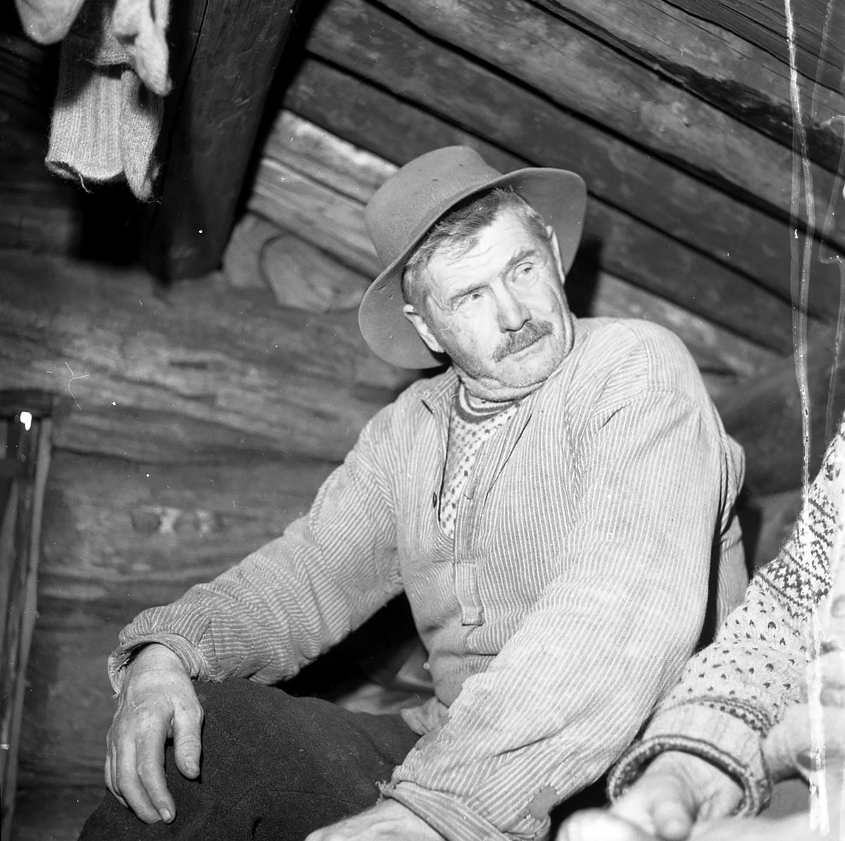 ​Martinus Nordal fra Strandbygda, i filmen «Liv og husvær i skogen» 1962. Martinus Nordal sitter i et lafta bygg, iført arbeidsklær.