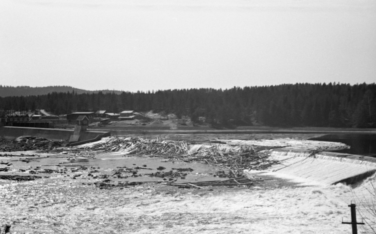 Skjefstadfossen i Glomma, nærmere bestemt i Heradsbygda i Elverum, Hedmark, fotografert i begynnelsen av mai 1944, på et tidspunkt da det var forholdsvis lite vann i elveløpet. Bildet er tatt fra østre elvebredd med kameraet vendt vestover. Øverst i denne fossen hadde man i 1909-1910 bygd et elvekraftverk med en terskeldam som skulle stuve opp vann til turbinrøret. Overløpsdammen var 312 meter lang, utført i betong og støpt slik at damkrona var noe lavere i den østre enn i den vestre enden. Hensikten var å skape et «sug» i overflata som trakk fløtingstømmeret mot den østre delen av elveløpet. Av samme årsak brukte man å legge ei lense, et flytende stengsel land av sammenkjedete tømmerstokker, som skulle hindre at fløtingsvirket drev inn i inntaksbassenget for vann til kraftstasjonen, som lå i den vestre delen av elveløpet. Da dette fotografiet ble tatt var fløtinga for lengst i gang, men vannføringa hadde avtatt, slik at en god del tømmer hadde blitt liggende i fallsona på den vestre delen av overløpsdammen. Her var det for øvrig bygd en såkalt «tømmerløfter», et skråplan som skulle forebygge at stokkene ble splintret i nedfallssona under dammen.