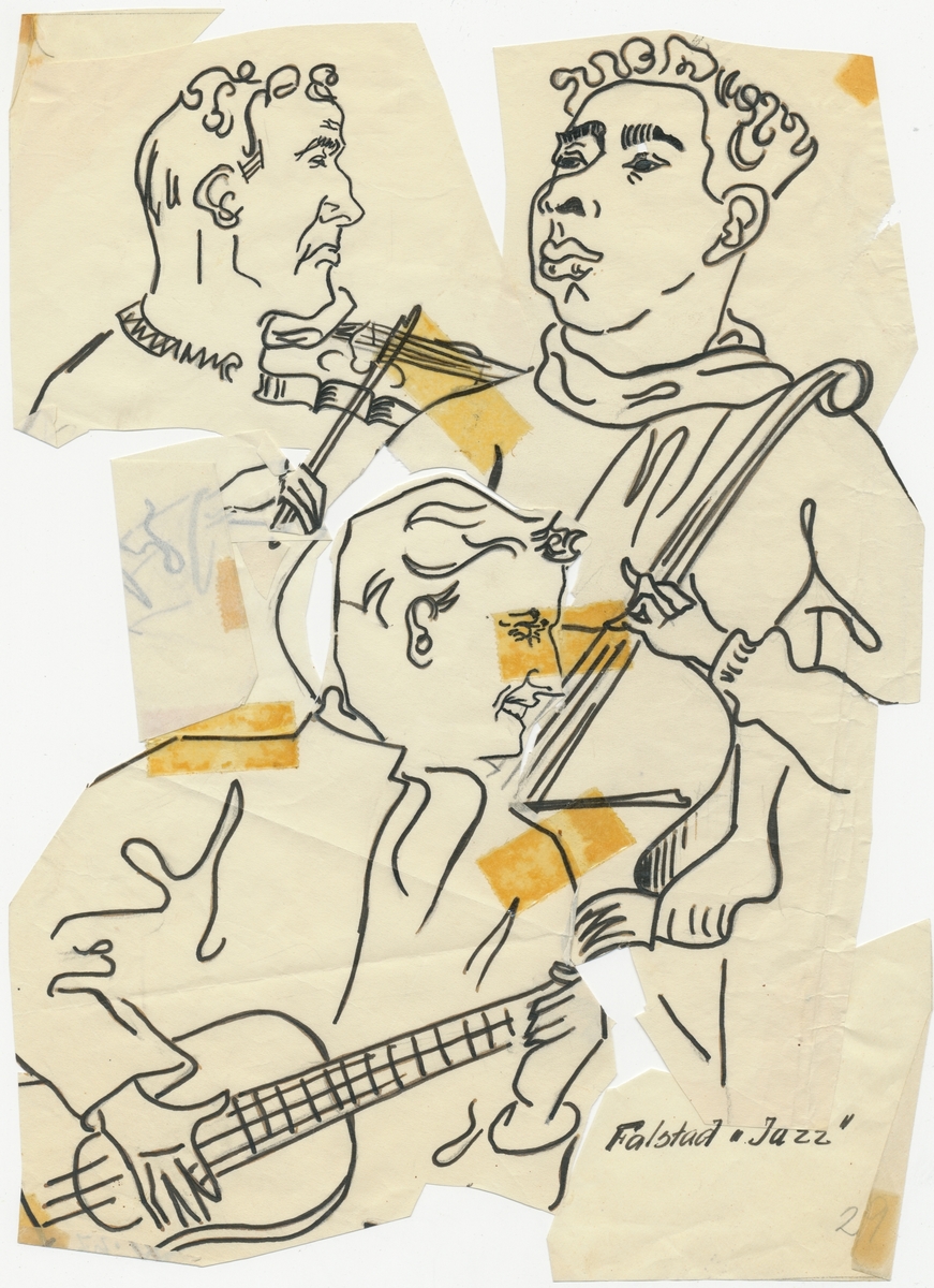 Tegning ("Falstad-jazz") som viser tre falstadfanger med musikkinstrumenter.