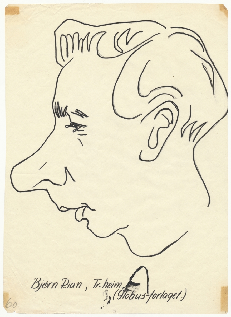 Portrettegning (karikatur) av falstadfange Bjørn Rian (f. 1911), Trondheim.