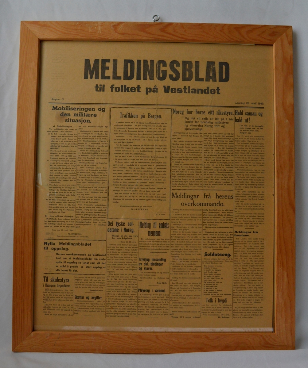 Innrammet meldingsblad fra 20. april 1940.