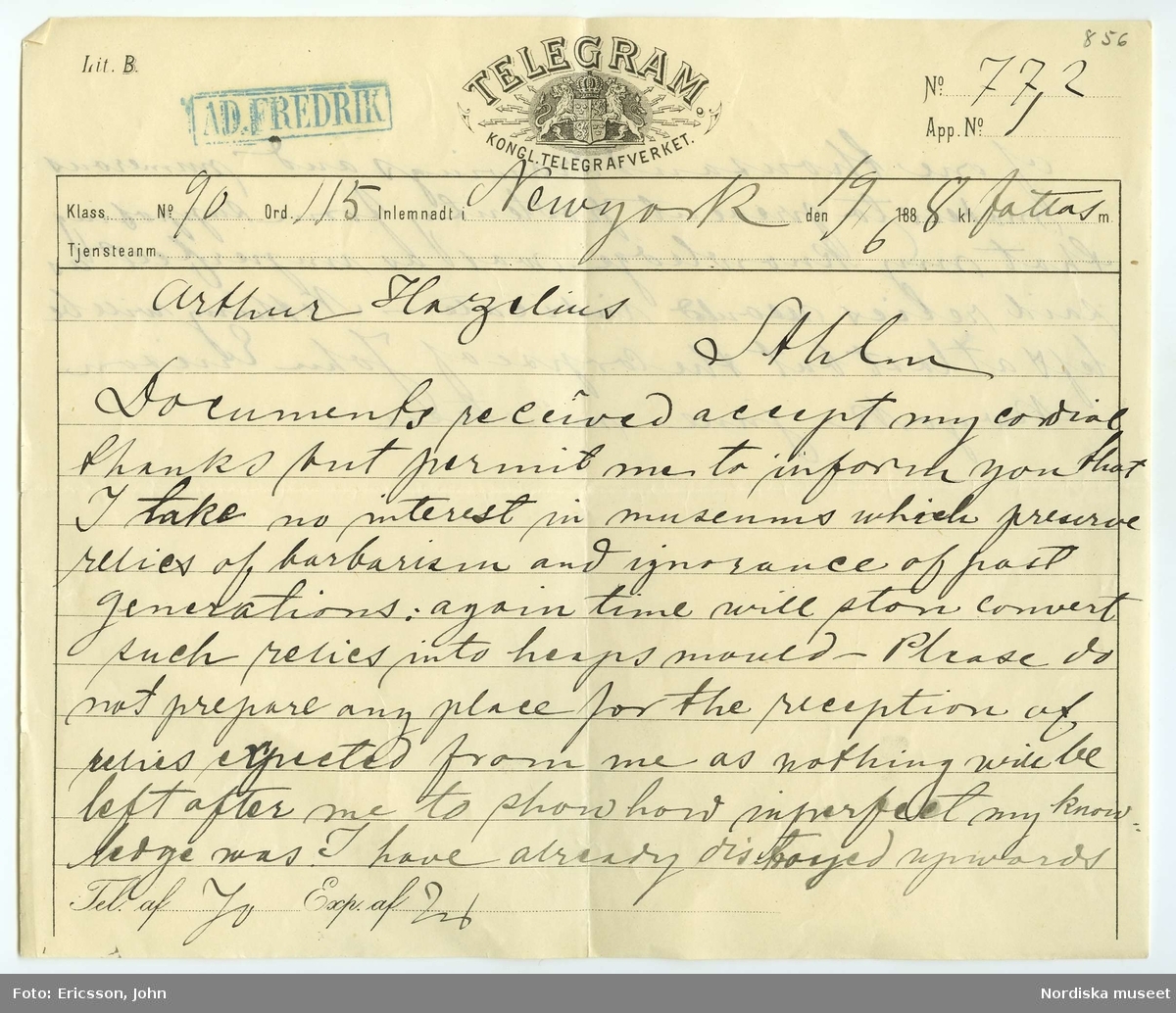 Textdokument.Telegram till Arthur Hazelius från uppfinnaren John Erickson, New York, USA. 19/6 1888. Första sidan. 