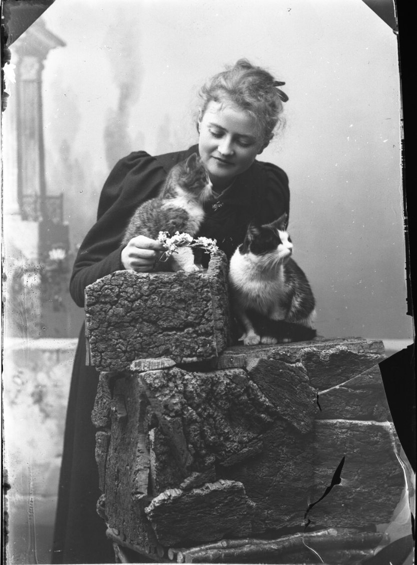 Ester Grönberg kelar med två små katter som står på en stenliknande installation.