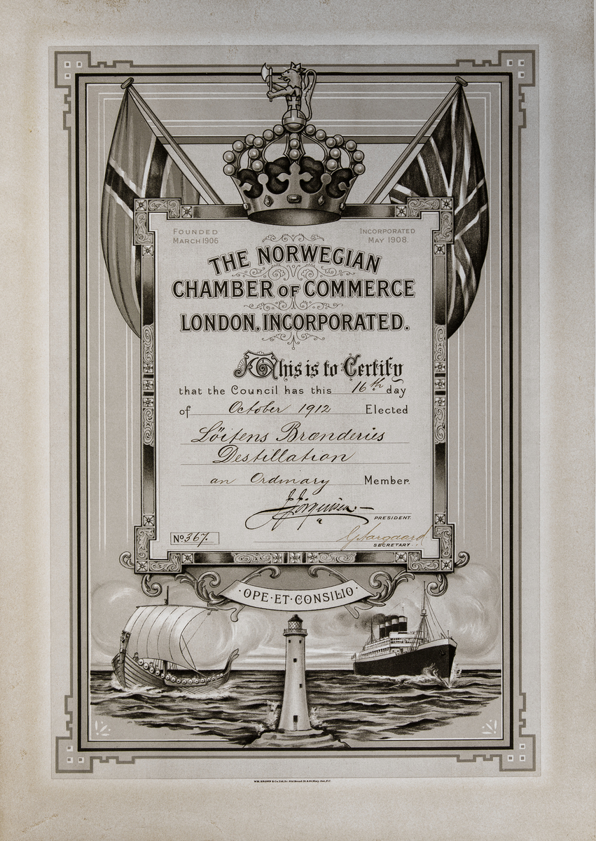 Medlemsdiplom for Løiten Destillation i Det norske handelskammer i London. 