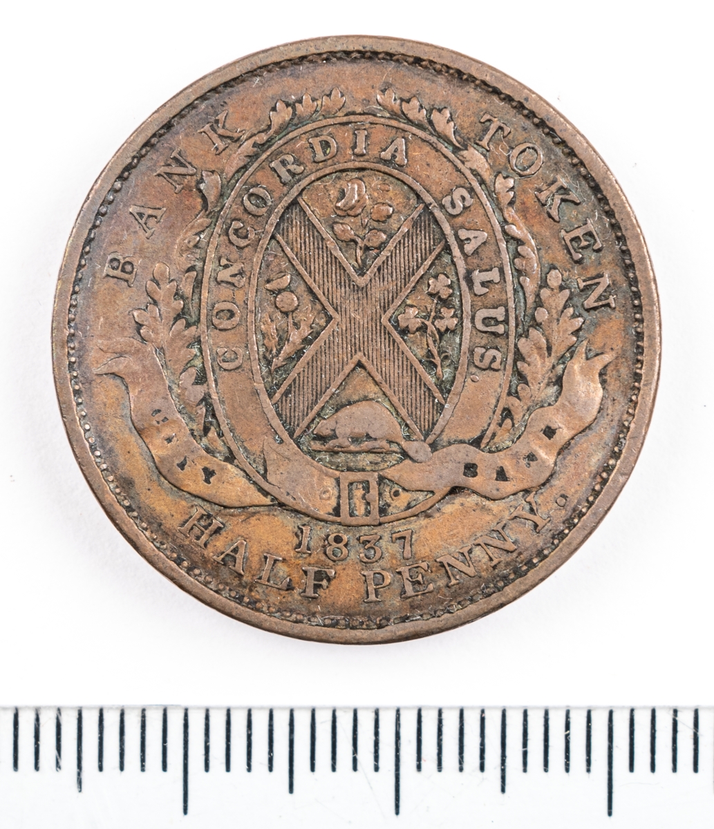 Mynt, Canada, 1837, 1 Sou, ½ Penny.
