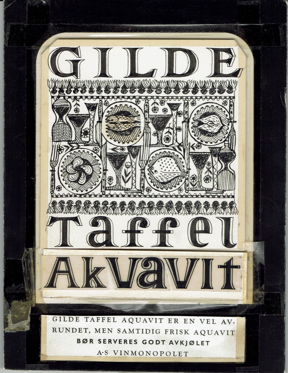 Utkast til etikett for Gilde Taffel Aquavit. 