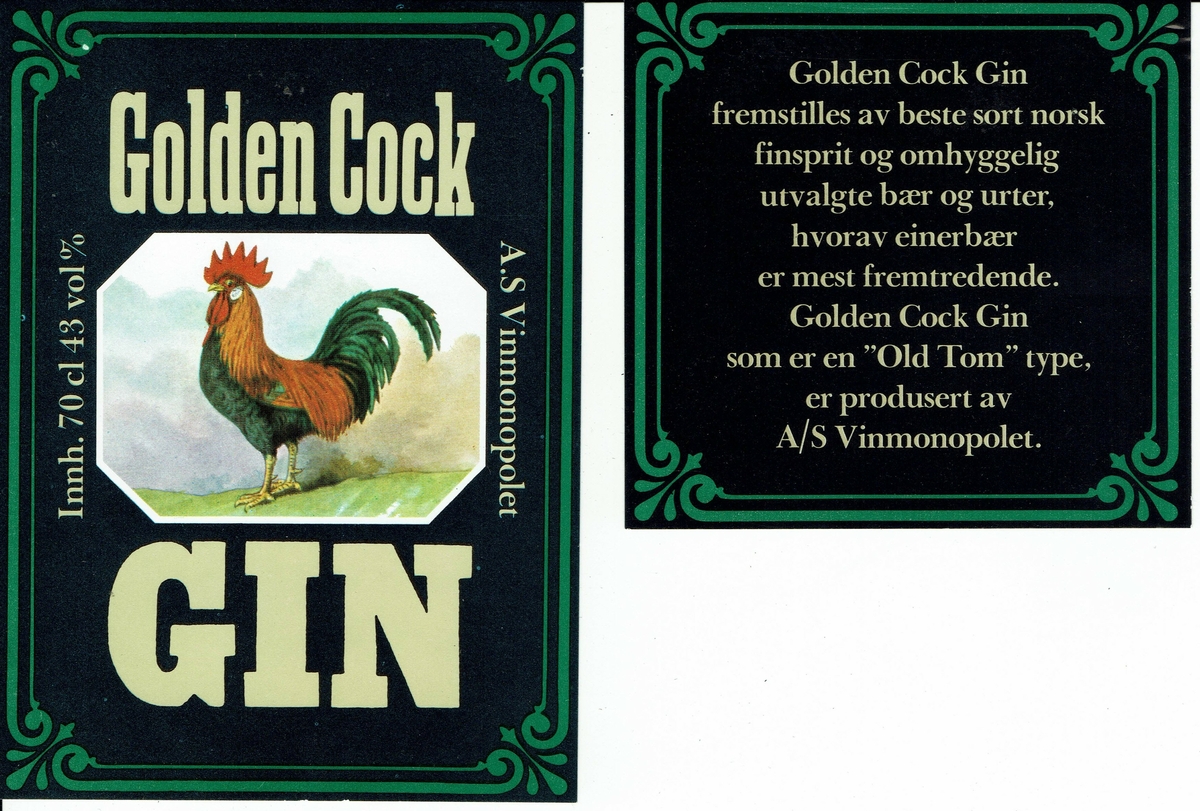 Goden Cock Gin. Innh. 70 cl. 43 vol %. A/S Vinmonopolet.