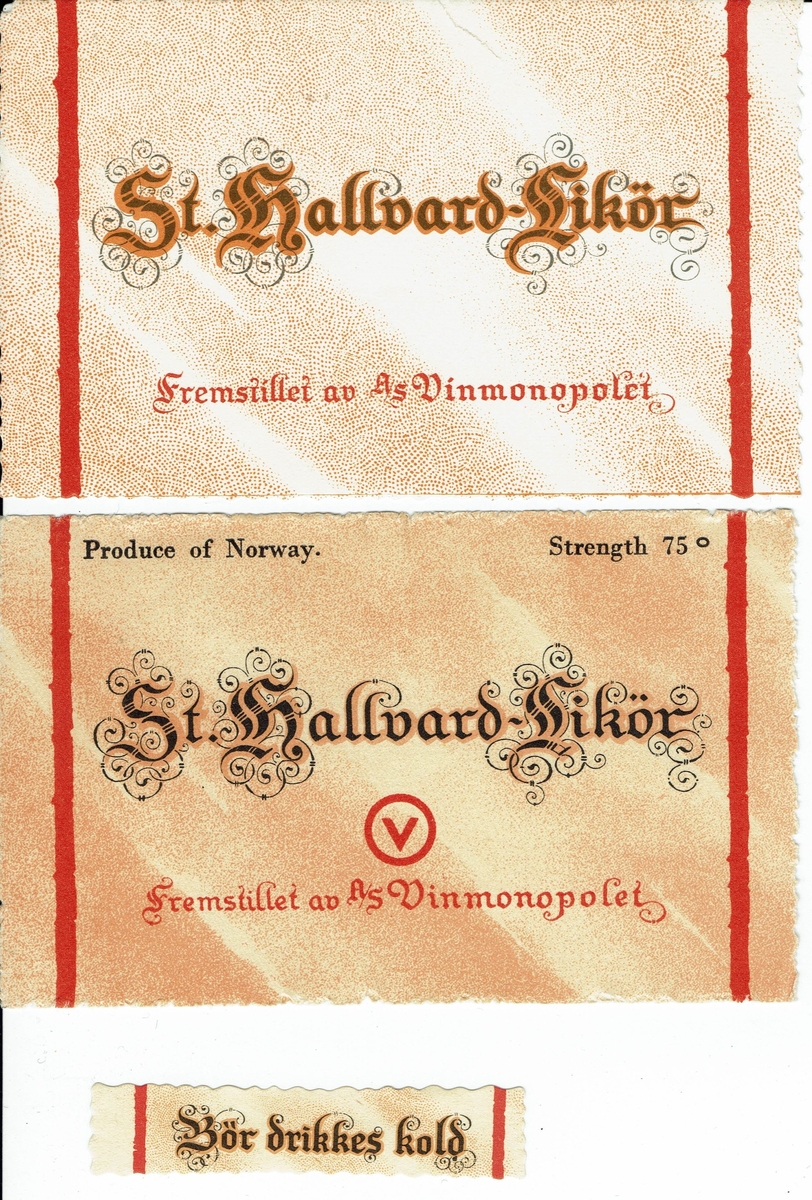 St. Hallvard-Likør. A/S Vinmonopolet. Med engelsk versjon. Etikett fra 1961.