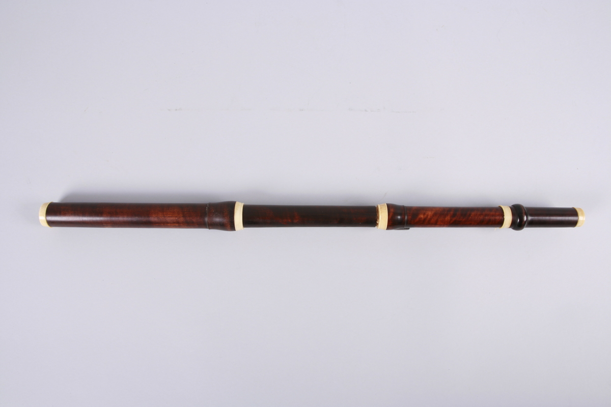 Tverrfløyte i seks deler. 6 hull og en klaff. Fløytens midtstykke kan skiftes ut etter behov.  