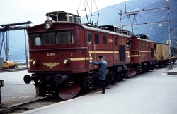 Elektrisk lokomotiv El 9 2064 og 2063 med godsvogner på Flåm
