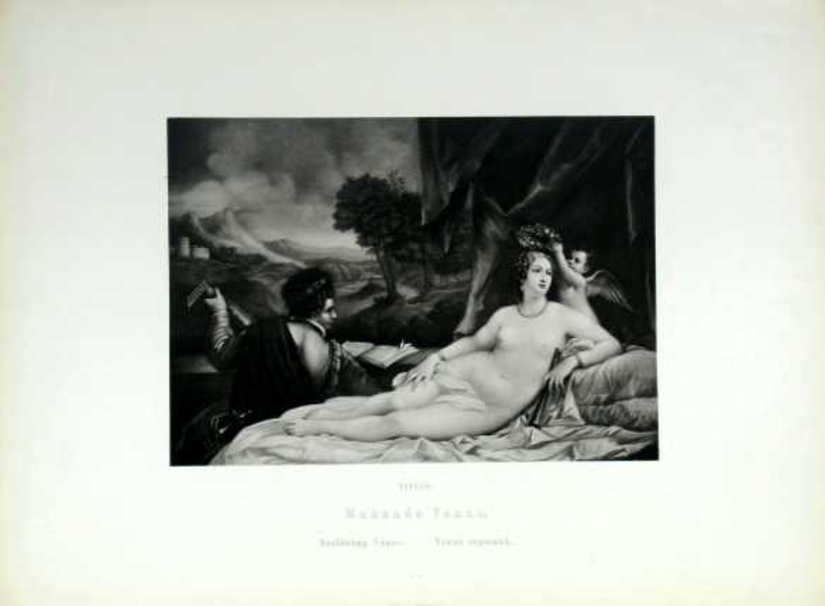 En hvilende Venus blir bekranset av en amorin. Ved føttene hennes sitter en mann og spiller for henne. Landskap med borg i bakgrunnen.