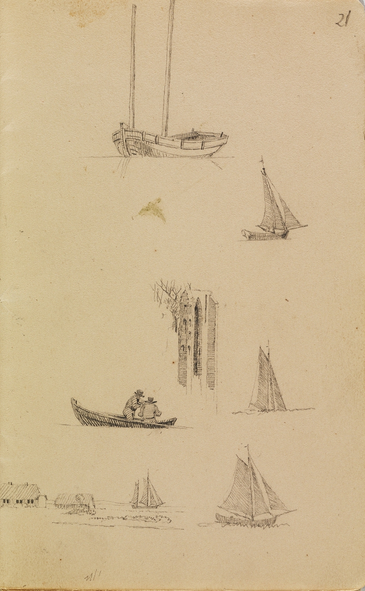Fiskebåter i Griefswalderbukten, strand i Wieck og vestfasaden av klosterruinen Eldena, sett fra siden [Tegning]