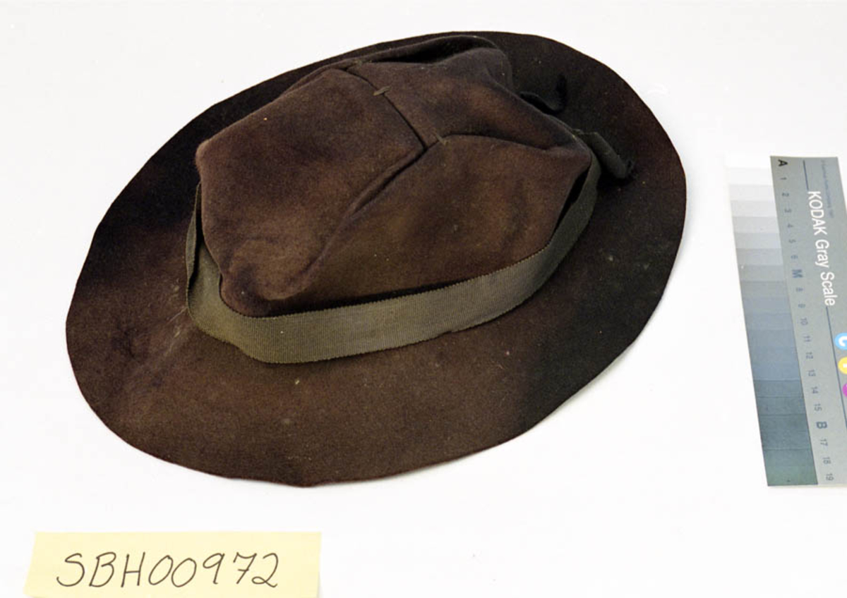 Form: Rund hatt med brem. På toppen er den sydd sammen til en nærmest firkantet flate.
