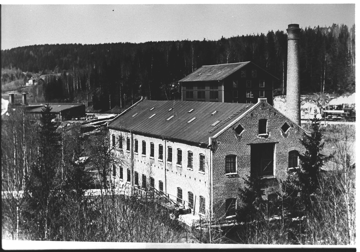 Fjeldhammer Brug. Den flate bygningen bak til venstre er takpappfabrikken fra 1913. Gården Haneborglia skimtes i bakgrunnen.
