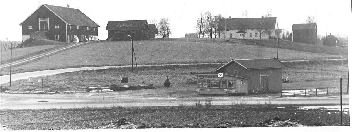 Oversiktsbilde Løken i Høland etter nedleggelsen. Stasjonsbygningen er revet, men godshuset står fortsatt. Høland prestegård. (Meget lav bildekvalitet)