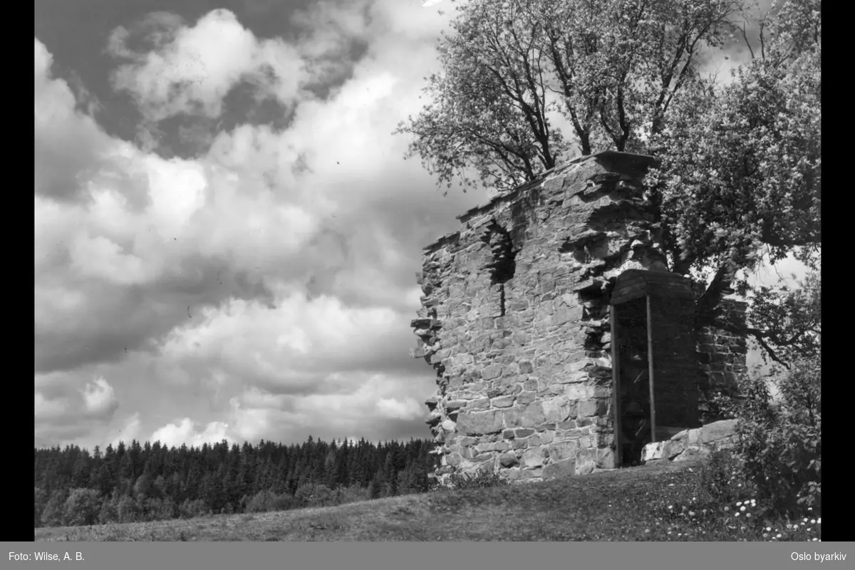 Del av ruinene på Kirkeby i Maridalen, skogen i bakgrunnen, Aker