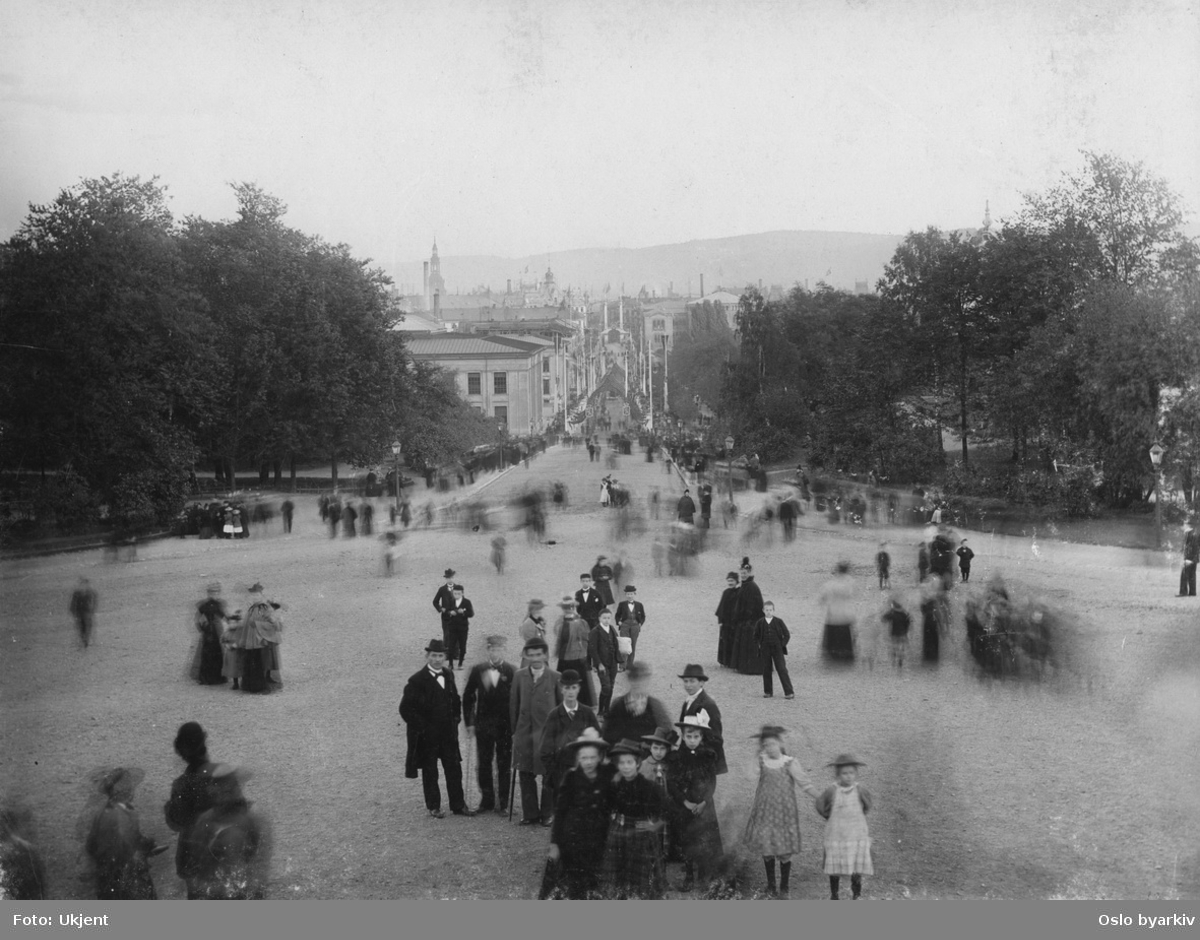 Gatemiljø, fra Slottsbakken. Festpyntet Karl Johans gate. Stadsingeniøren - Fotografier af Kristiania (albumtittel). Ca 1892, basert på øvrige daterte bilder i samme album.