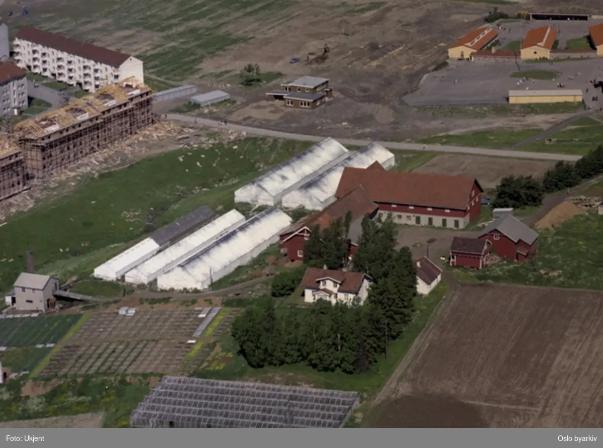 Nordtvet gård, Gårdsveien, Chr. Hellums vei. Nordtvet skole. (Flyfoto)