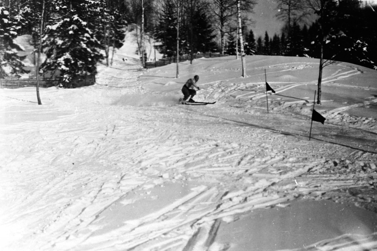 Slalomkjører i bakken, slalomrenn, 1300 meters løype ved Hangenholen ...