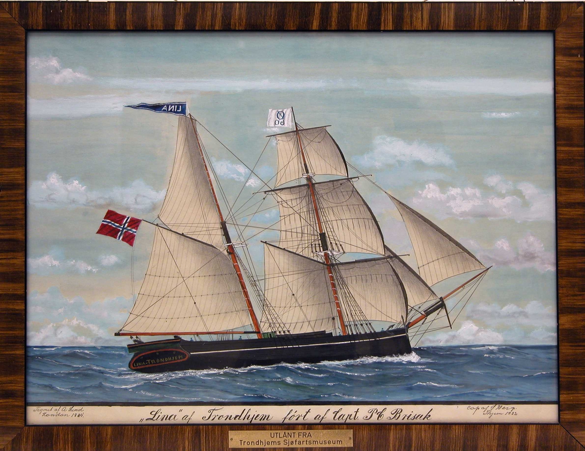 Akvarell (kopi) av skonnert "Lina" af Trondhjem, med fulle seil på havet.