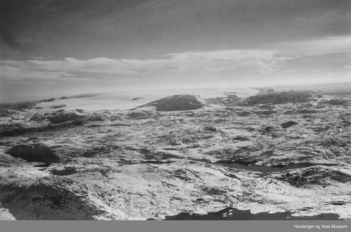 Fjell, snø, jøkul, vatn. Flyfoto. Utsikt over Hardangerjøkulen og Kongsnuten