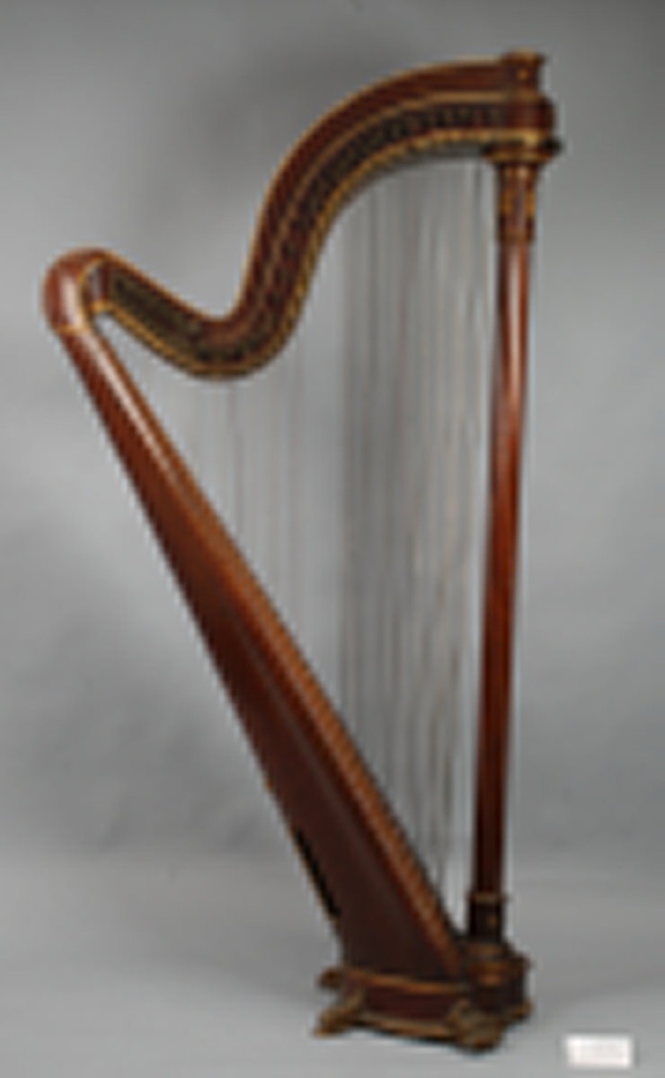 Kromatisk harpe med strengene i to rekker, 31 + 45 strenger. I bunnen 6 rektangulære lydhull med avrundede hjørner og forgylte kanter. Dreid forstang med forgylt metalldekor, bl.a. kvinnefigurer i greske gevanter.