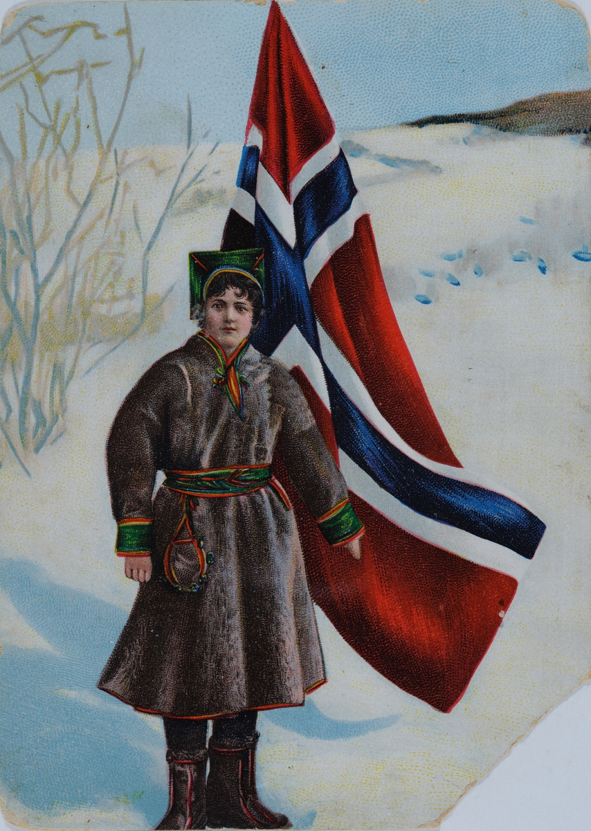 Julekort. Dame foran det norske flagg. 