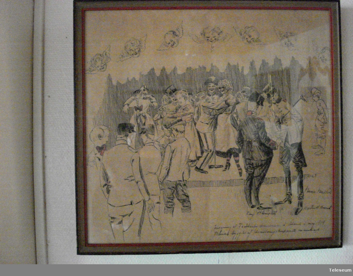 Av text på tavlan framgår bland annat att motivet är "Invigning av dansbana å Åland maj 19919".
Åland torde vara Åland i Uppland.
Teckning, troligen kolteckning.
Mörk smal träram, glasad.