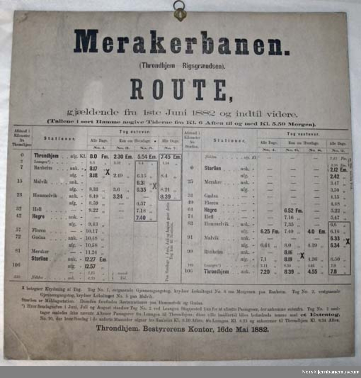 Rutetabell for Meråkerbanen - fra 1.6.1882