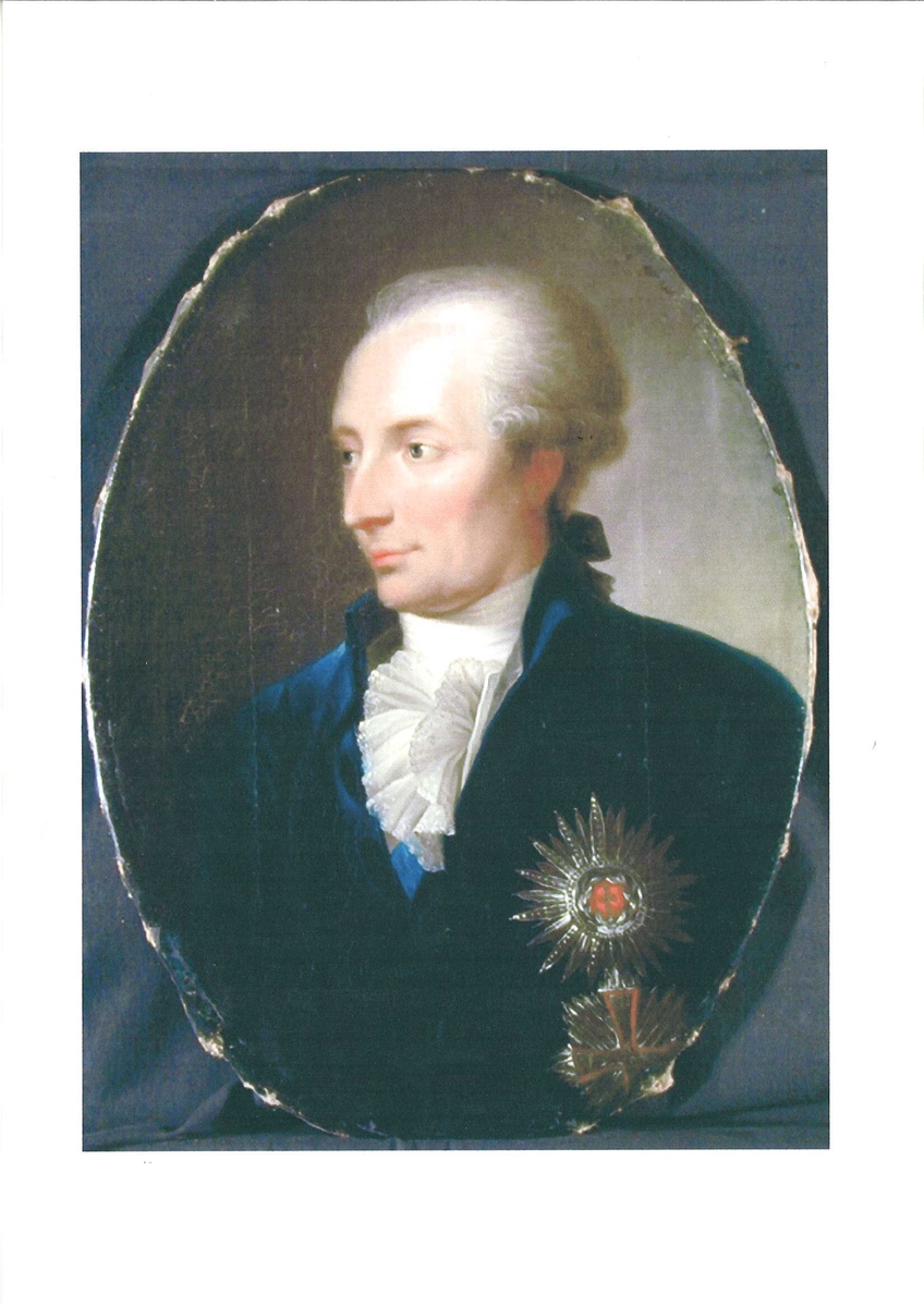 Mann m/parykk, blå jakke m/ordner, grev Heinrich Ernst Schimmelmann.