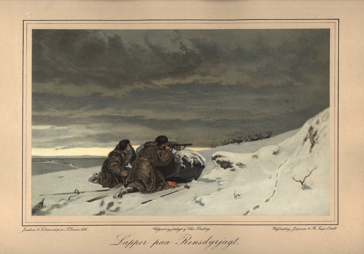 Litografi etter maleri av Jacobsen og Tidemand. "Lapper paa rensdyrjagt". Skinnkledde jegere i vinterfjellet lurer på reinflokk bak stein.