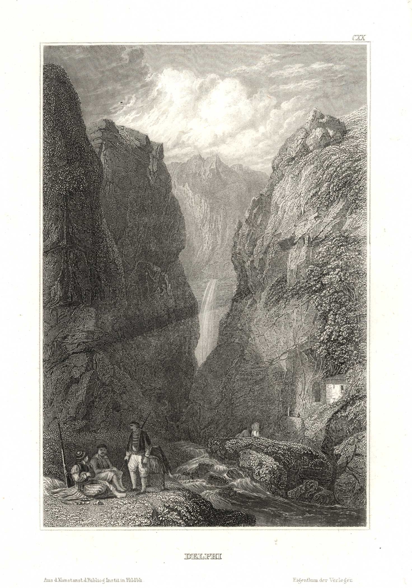 Delphi, Hellas. Fjellandskap med hus i fjellsiden og menn ved elv.