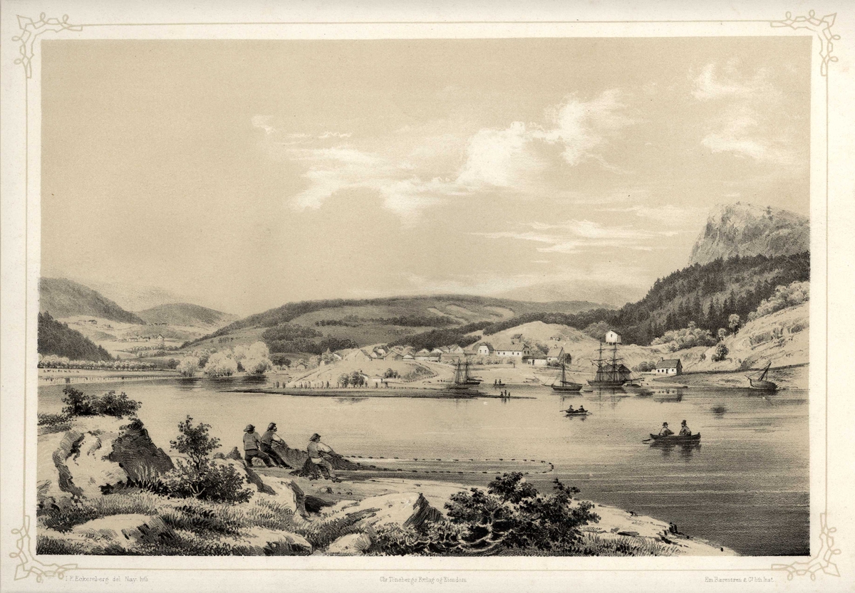 Sandvika, Bærum, Akershus. Bebyggelse, seilskuter og robåter på fjorden, fiskere som trekker garn fra stranda