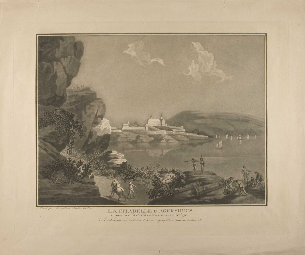 Akerhus festning, seilskuter på fjorden og soldater med kanoner fremst i bildet