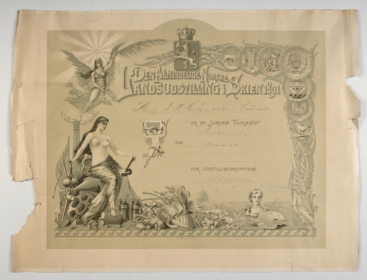 Diplom fra Landsutstillingen i Skien 1891