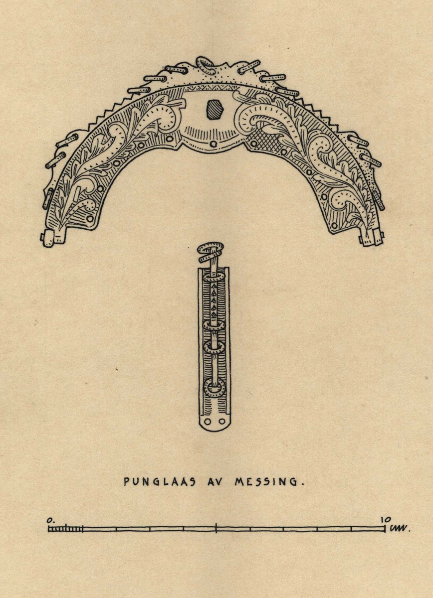 Erling Gjones tegning (1928) nøkkel av smijern til en kiste fra 1727, gravert sølvknapper og punglås av messing, Søre Vangestad, Flesberg, Buskerud. 