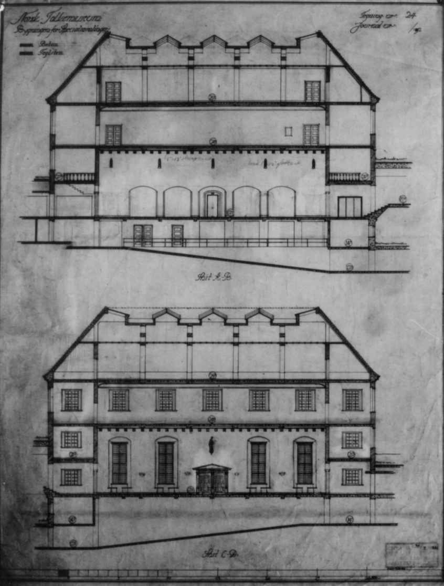 Plantegninger, fra 1925, fra arkitektene Bjercke og Eliassen. Utkast til nye museumsbygninger.
