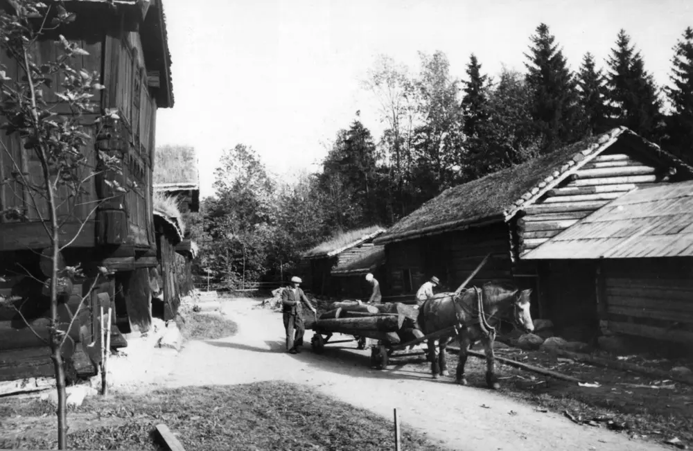 Setesdalstunet på Norsk folkemuseum, 1942. Frakting av tømmer med hest. Bygninger, fra venstre: Brottveitloftet, Åmlidstua, Oseloftet og Kjellebergstua (knapt synlig). På andre siden av veien, fra venstre: Løe fra Rysstad i Valle, fjøs fra Rike i Valle, løe og fjøs fra Skomedal i Bygland.