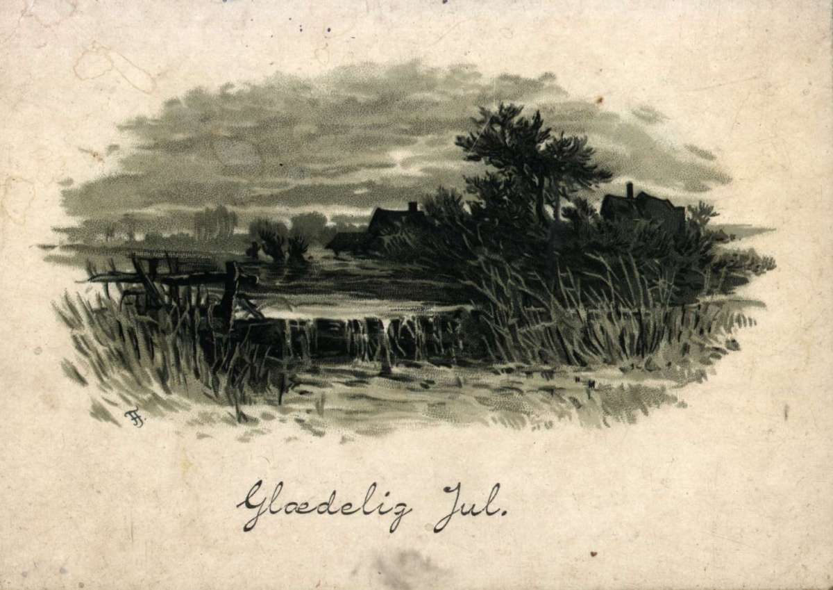 Julekort. Svart/hvitt motiv. Landskap med vann og hus. Skrevet på baksiden: Kort brukt i 1890-åra.