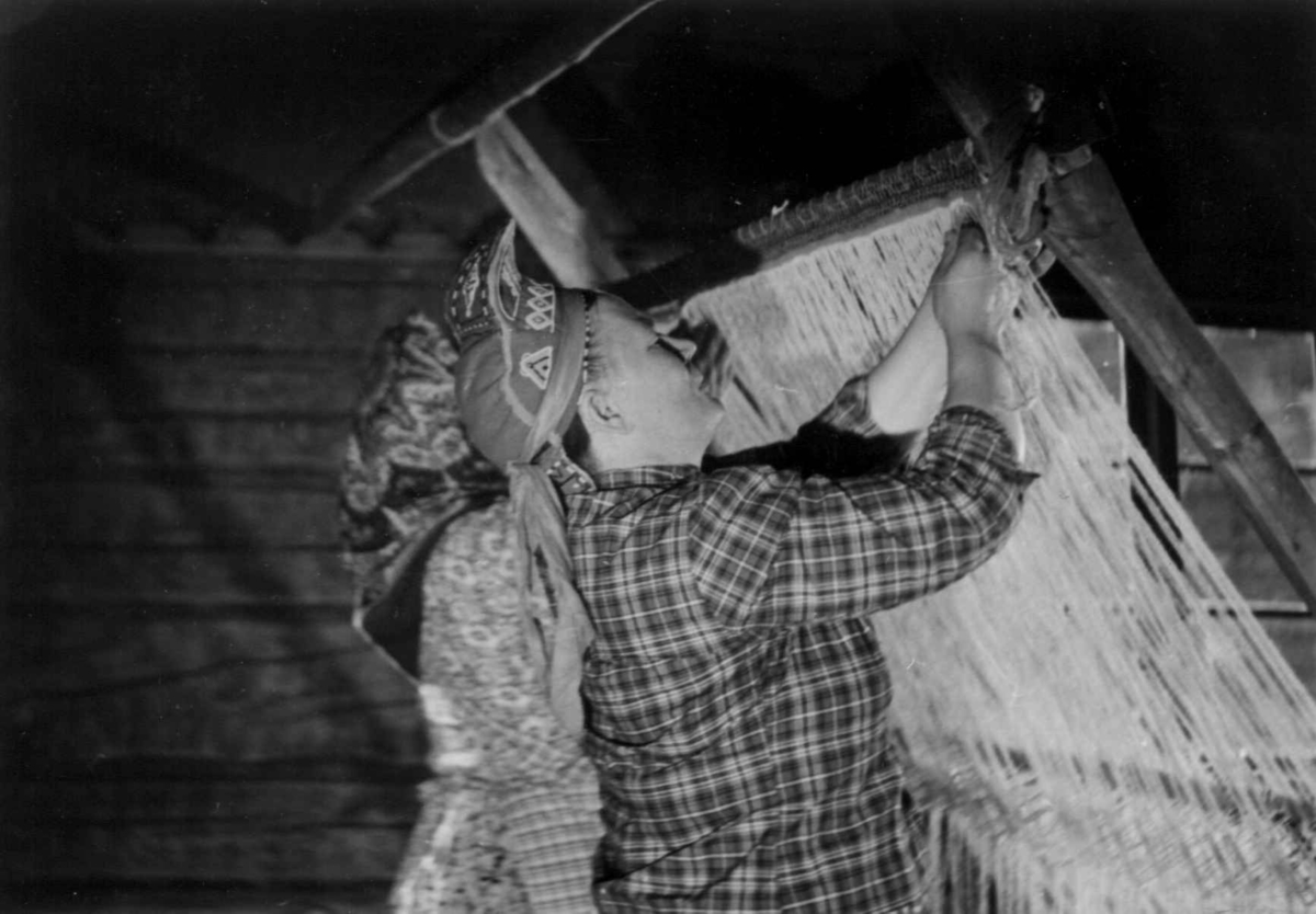 Greneveving (27). Skoltesamene Darja Jefreimov og Naska Moshnikov vever greneteppe. Seurasaari 1955.